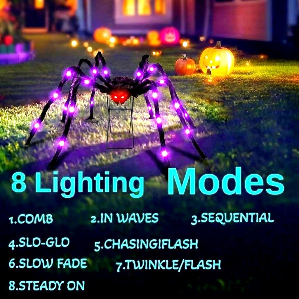 1 Pack 8 Modes 6.6 FT Halloween Giant Spider,Light up Spider with 36 Purple Lights,Light up Halloween Decorations Outside,for Yard Haunted House Window Party Porch Indoor Outside Decor