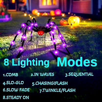 1 Pack 8 Modes 6.6 FT Halloween Giant Spider,Light up Spider with 36 Purple Lights,Light up Halloween Decorations Outside,for Yard Haunted House Window Party Porch Indoor Outside Decor