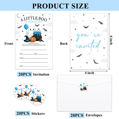Smenudlli Blue A Little Boo Baby Shower Invitation, Halloween Invites Cards with Envelopes and Sticker (20 Pack), Cute Ghost Gender Reveal Party Decorations Supplies /22