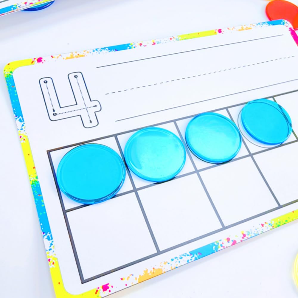 Math Task Boxes Set of 5 Math Manipulatives Themes 230+ Pieces of Number Rods, Base Ten Blocks, Ten Frame Disc Counters, Place Value Blocks, 0-9 Numbers, 3D Shapes, Activity Cards (Disc Counters)