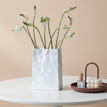 Pumtus Crinkle Paper Bag Ceramic Vase, 7.5 Inch Unique Flower Vase, White Matte Square Wide Mouth Pleated Planter, Minimalist Boho Pot for Flower Arrangement Table Centerpiece Home Office Decor