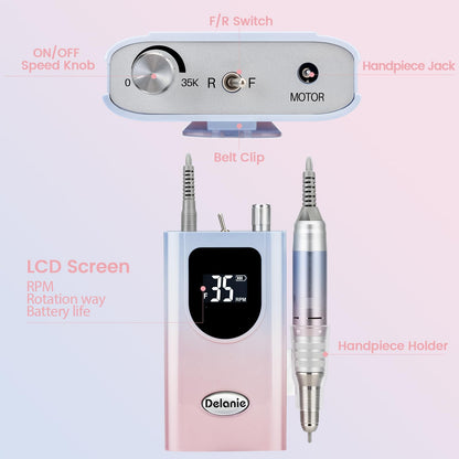 Delanie Professional Nail Drill High Torque 35000 RPM Rechargeable Portable Electric Nail File Filer for Acrylic Gel with Cuticle Bits, Salon Manicure Tool, Purple
