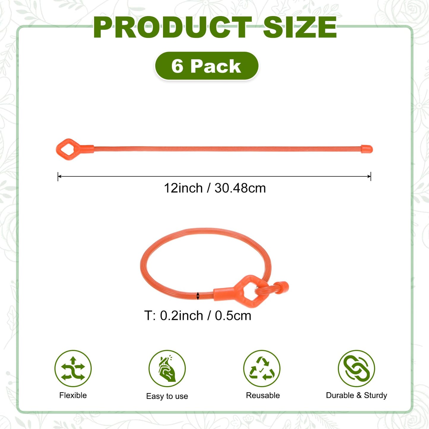 M METERXITY 6-Pack Adjustable Plant Ties, 12inch/30.48cm Silicone Flexible Multi-Function Sturdy Garden Twist Tie for Plant Support/Tree/Shrub/Vine, Reusable Support Twine [Orange]