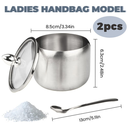 2 Pieces Stainless Steel Sugar Bowl with Lid and Spoon, 8.45 Oz/250 ML Sugar Container for Coffee Bar, Salt Bowls for Countertop Kitchen Storage Pepper Seasoning Coffee Bean Candy Spices, (Silver)