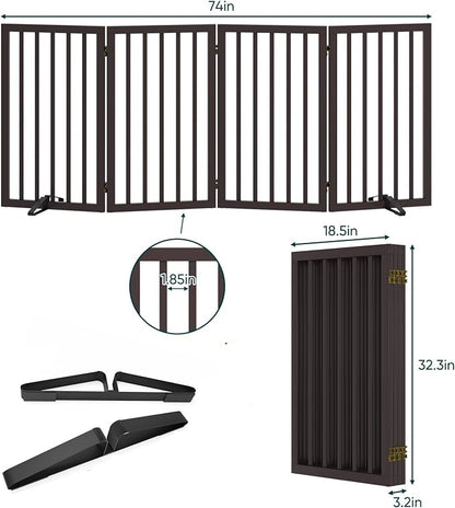 Freestanding Dog Gate Indoor 32“Tall, Foldable Dog Gates for Doorways, 4-Panel Pet Gates for Dogs with with 2 Metal Stands (74" W, Espresso)