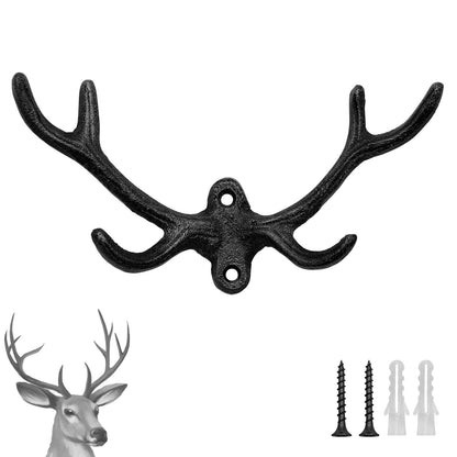 HERNGEE Cast Iron Antler Wall Hook – Black Rustic Deer Antlers Wall Hook, Heavy-Duty Coat & Key Hook for Entryway, Bathroom, or Bedroom, 1 Pack