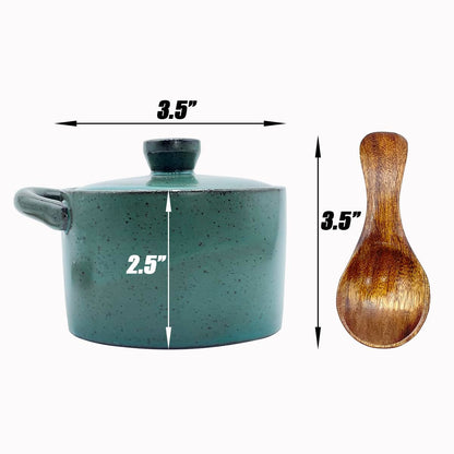 YILUSHENGHUA 8 oz Ceramic Salt Cellar with Lid & Wooden Spoon,Countertop Salt Container,Sugar Bowl,Spices Jar| Artisan Kitchen Decor(Deep Blue)