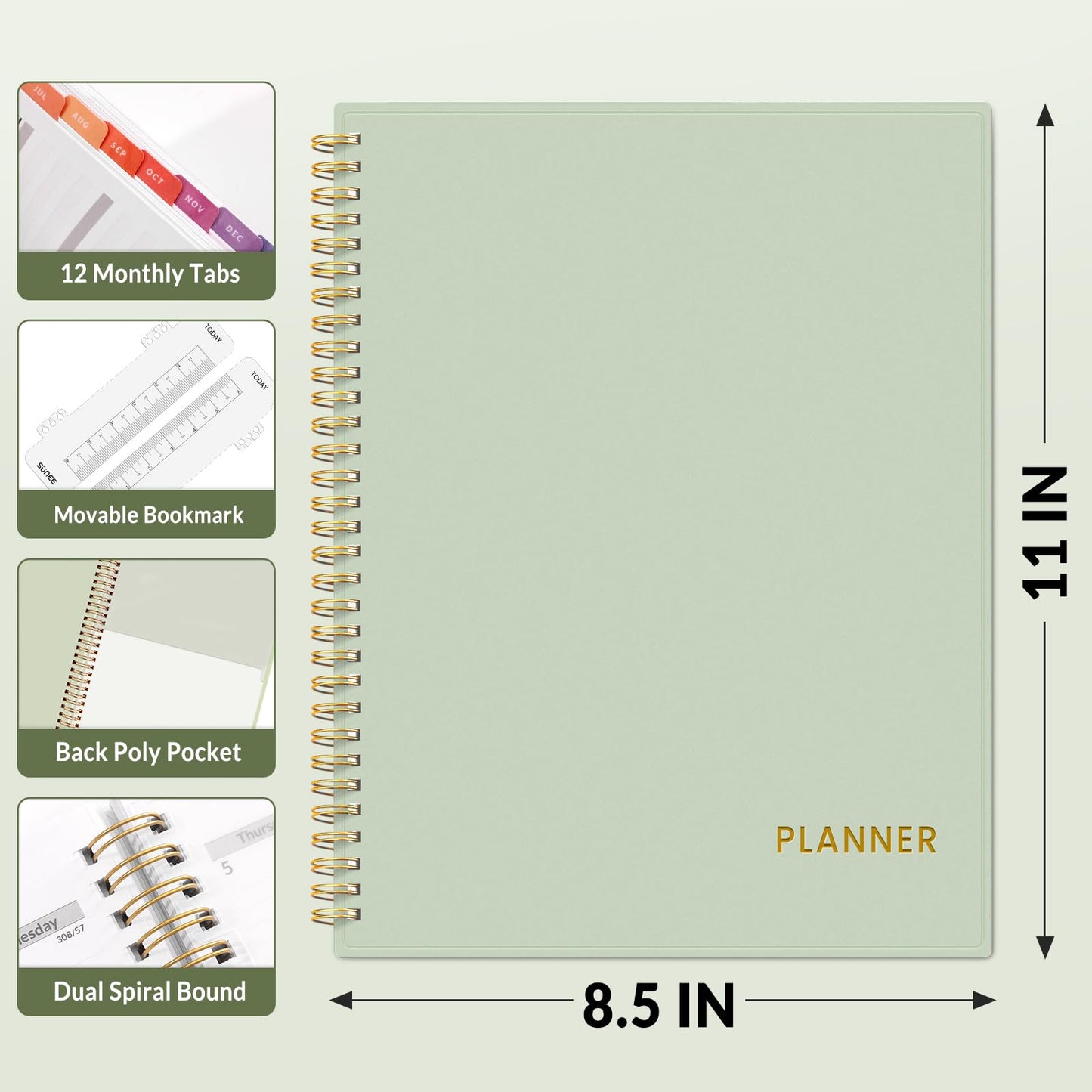 SUNEE Academic Planner 2026-2027 – Weekly & Monthly Planner, July 2026 to June 2027, 8.5"x11", Thick Paper, Tabs, Pockets, Bookmark, Spiral-Bound, Student Teacher Organizer, Sage Green