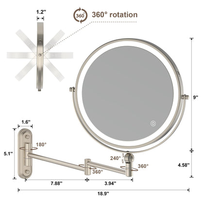 9" Wall Mounted Makeup Lighted Mirror, 4000mAh Rechargeable Double Sided LED Vanity Mirror with Height Adjustable&1X/10X Magnification, 3 Color Lights Touch Screen Dimmable 360°Swivel Bathroom Mirror