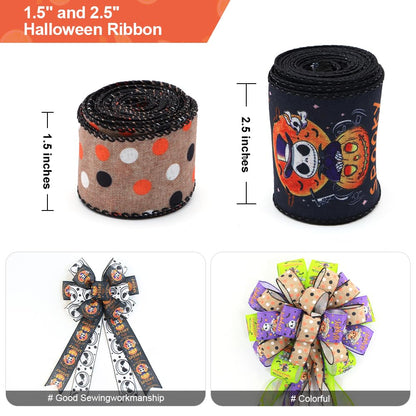 6 Rolls Nightmare Before Christmas Wired Ribbon 1.5" & 2.5" - Halloween Jack Skellington Sally Ribbon with Pumpkin/Spider/Bat/Patterns for Fall Halloween Christmas Decor, Wreath Bows, Gift Wrapping