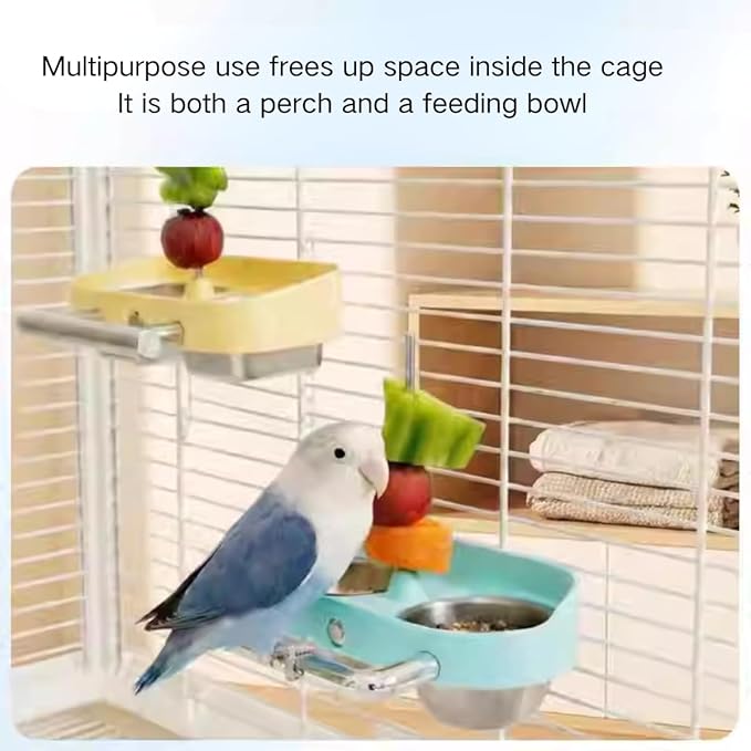 Bird Feeder Birds Bowls Stainless Steel Dishes Coop Cups with Fruit Skewer, Parrot Feeding Dish Cups Food Water Bowls with Bird Food Holder for Budgies Lovebirds (Blue,Oval)