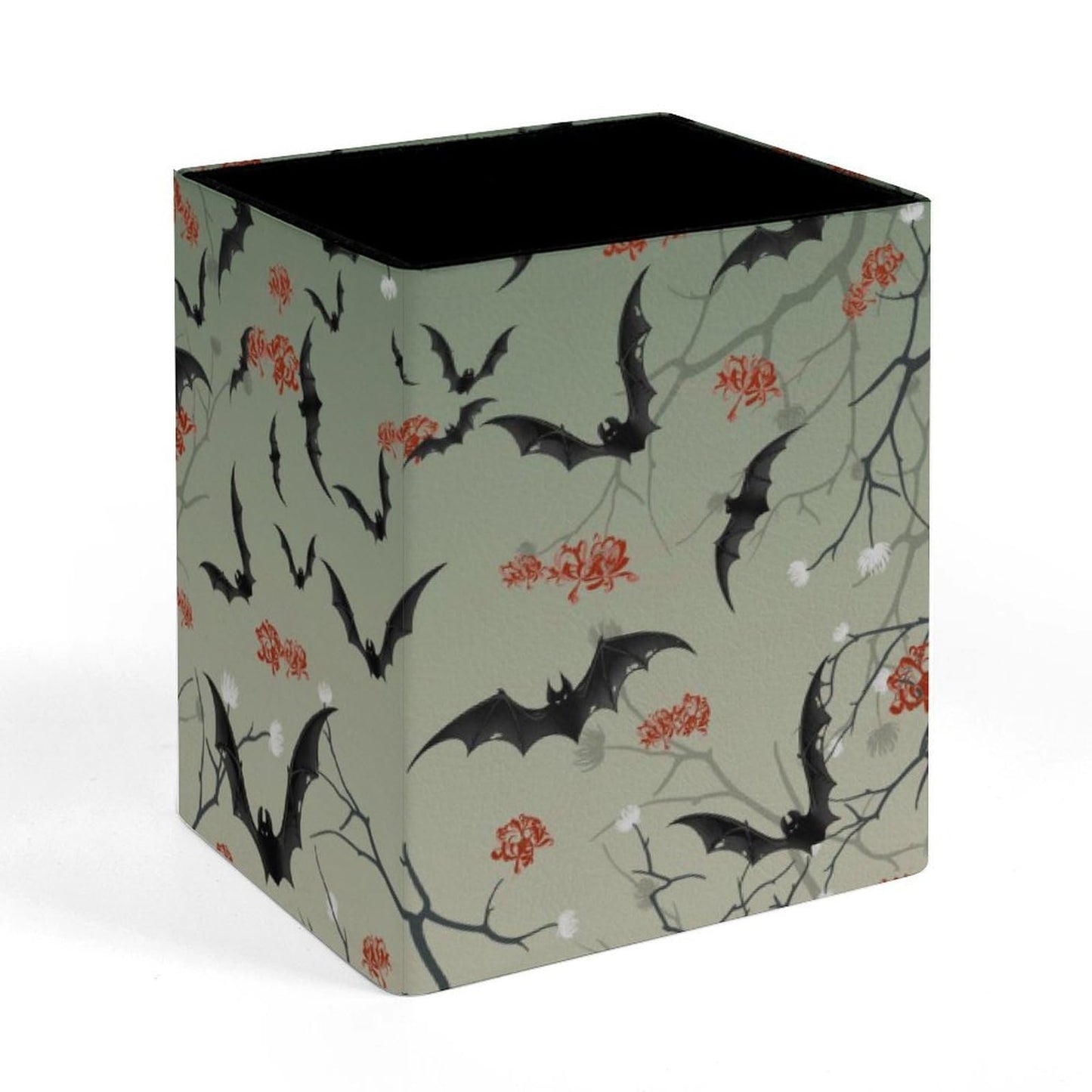 DerlonKaje Bats Square Leather Pen Holder, Minimalist Desk Organizer for Office Home School, Pencil & Stationery Storage Box, Gift for Students Teachers Colleagues
