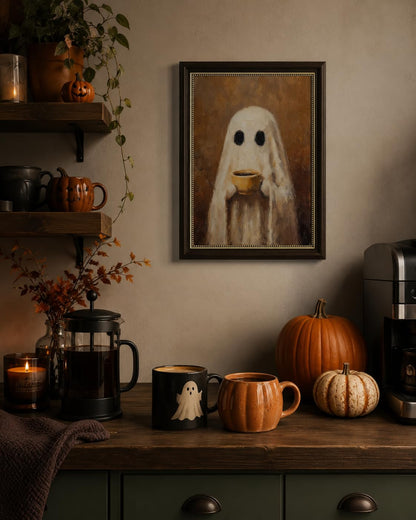 Ghost Kitchen Wall Art 9x11 Dark Brown Framed Canvas Print Cute Ghost Drinking Coffee Picture Dark Academia Coffee Bar Decor for Halloween Fall