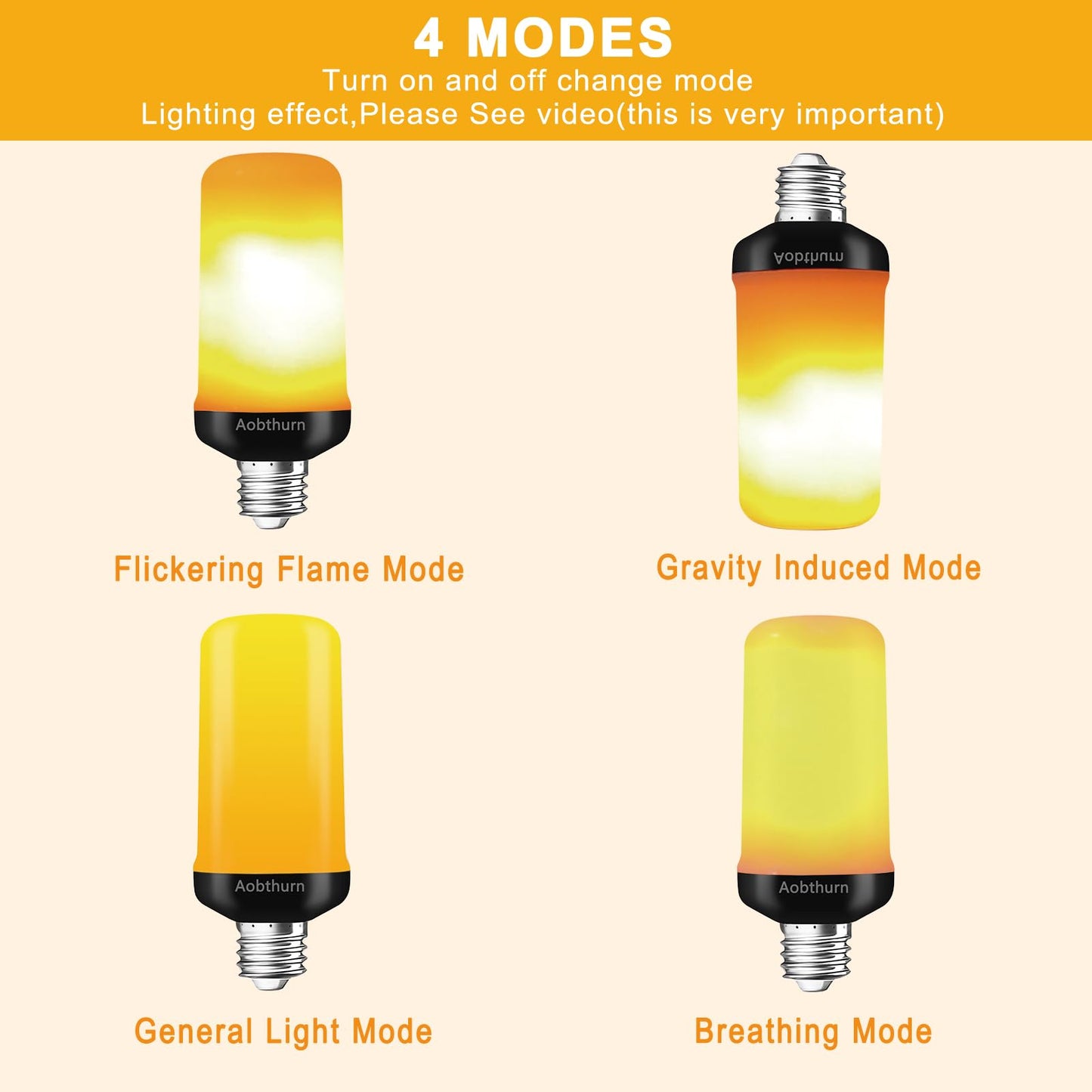 aobthurn Flame Light Bulbs, 4 Modes LED Flame Effect Light Bulb, E26 Base Flickering Light Bulb,Fire Light Bulbs Halloween Home Party (4, Orange)