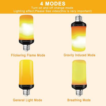 aobthurn Flame Light Bulbs, 4 Modes LED Flame Effect Light Bulb, E26 Base Flickering Light Bulb,Fire Light Bulbs Halloween Home Party (4, Orange)