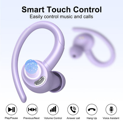 Wireless Earbuds Bluetooth 5.3 Headphones Sports, 48H Over Ear Buds with ENC Mic, Stereo Deep Bass Bluetooth Earbuds with Secure Earhooks, LED Display, IPX7 Waterproof Earphone for Running/Gym Purple