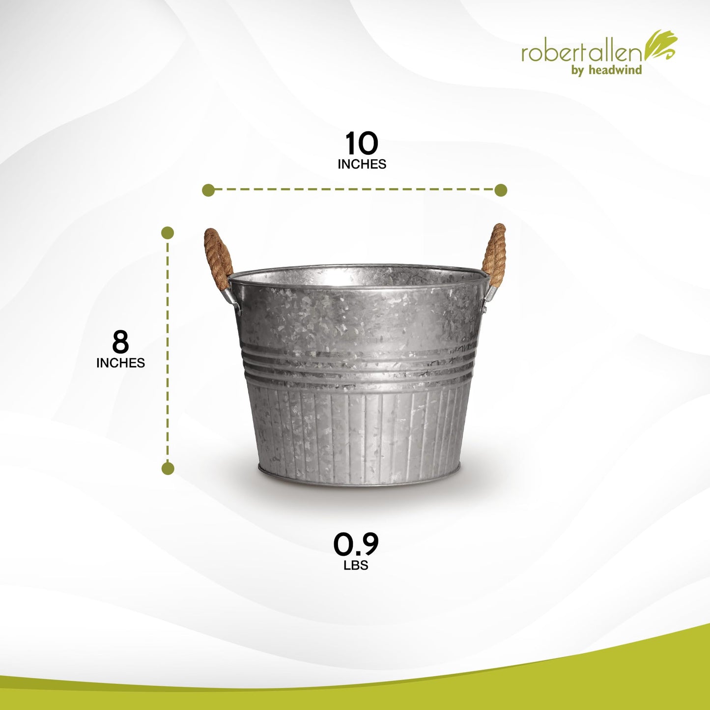 Headwind Decorative Planter - Round Galvanized Bucket w/Rope Handles – 10 Inch Metal Tub Bucket Planter for Outdoor Plants w/Drainage Hole – Galvanized Large Outdoor Planters Buckets by Robert Allen