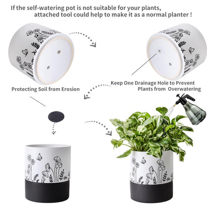 Nihow Self Watering Plant Pot: 6 Inch Ceramic Planter with Drainage Hole & Water Storage Plus for Indoor & Outdoor Plants - Cylinder Round Flower Pot for Succulent/Herbs/Violets -White