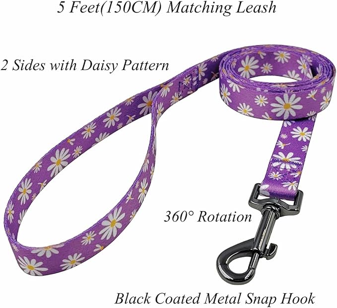 Dog Collar Leash Set, Floral Pattern, Polyester Material, Adjustable Collar and 5ft Matching Leash, for Medium Dogs.(M, Purple Daisy)
