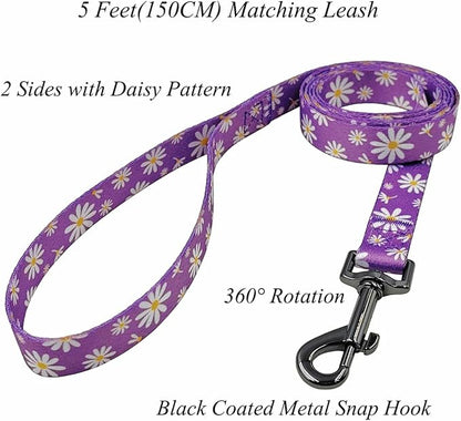 Dog Collar Leash Set, Floral Pattern, Polyester Material, Adjustable Collar and 5ft Matching Leash, for Medium Dogs.(M, Purple Daisy)