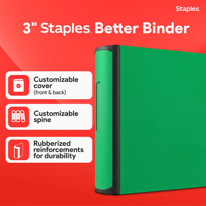 Staples Heavy-Duty 3-Inch D-Ring Binder, Green – Large Capacity 3-Ring Binder with Pockets, Holds Up to 600 Sheets