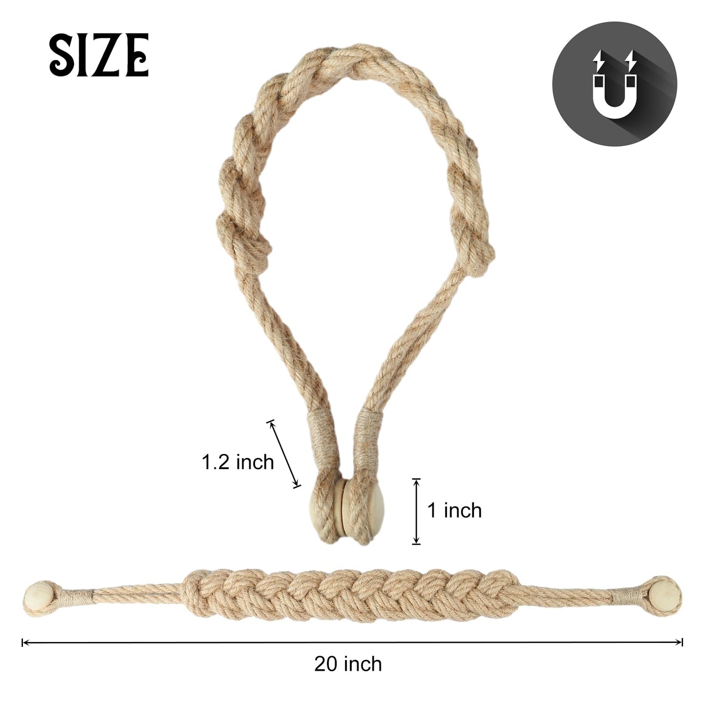 BEL AVENIR Jute Curtain Tiebacks Magnetic Woven Curtain Holdback Drapery Tie-Back (Jute-2Pack)