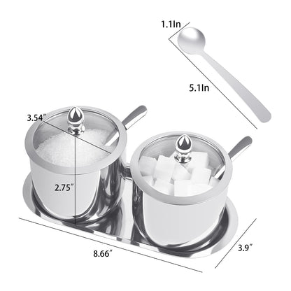 KEMIYIXIAN 2 Stainless Steel Sugar Bowl with Lid Spoon and Tray, Polished Shiny Sugar Bowl，for serving sugar Suitable for home and kitchen- 12 Oz/ 360m