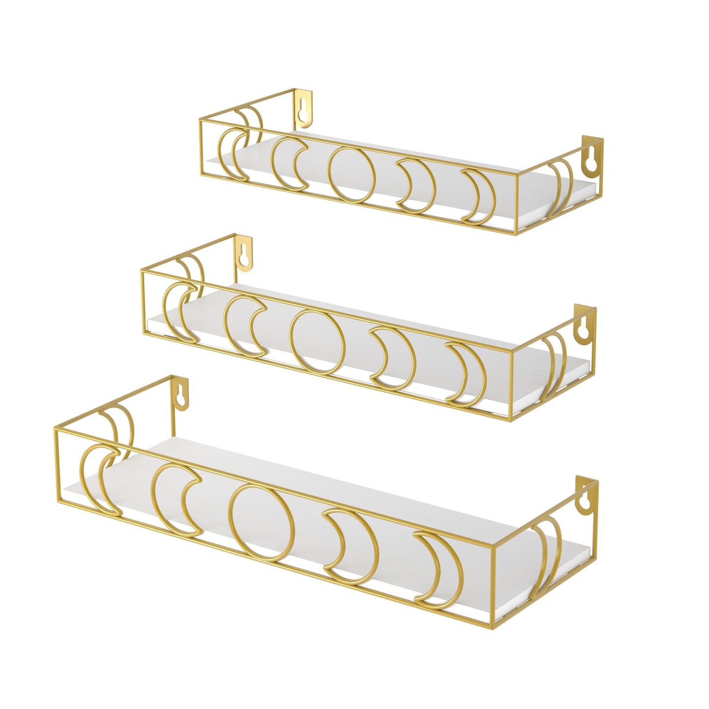 PHAREGE Moon Phase Floating Shelves White Gold, Set of 3 Small Decorative Wall Shelves for Book Plant Storage, Crystal Figurine Collectibles Display Shelf for Bedroom Kid Room