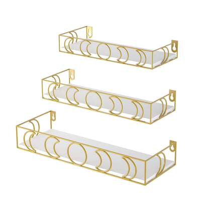 PHAREGE Moon Phase Floating Shelves White Gold, Set of 3 Small Decorative Wall Shelves for Book Plant Storage, Crystal Figurine Collectibles Display Shelf for Bedroom Kid Room
