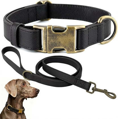 Silicone Dog Collar and Leash Set, Waterproof & Odor-Proof Puppy Collar for Small Dogs, Soft Flexible Leather-Look Dog Collars, Durable Thick Adjustable Pet Collar (Black, Large (16-24.5" Neck))