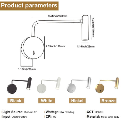 ZEROUNO Wall Mounted Reading Light for Bedroom LED Hardwired Sconce with Switch on/Off Modern 3000K Swing Arm Bedside Wall Mount Lamp (Black)