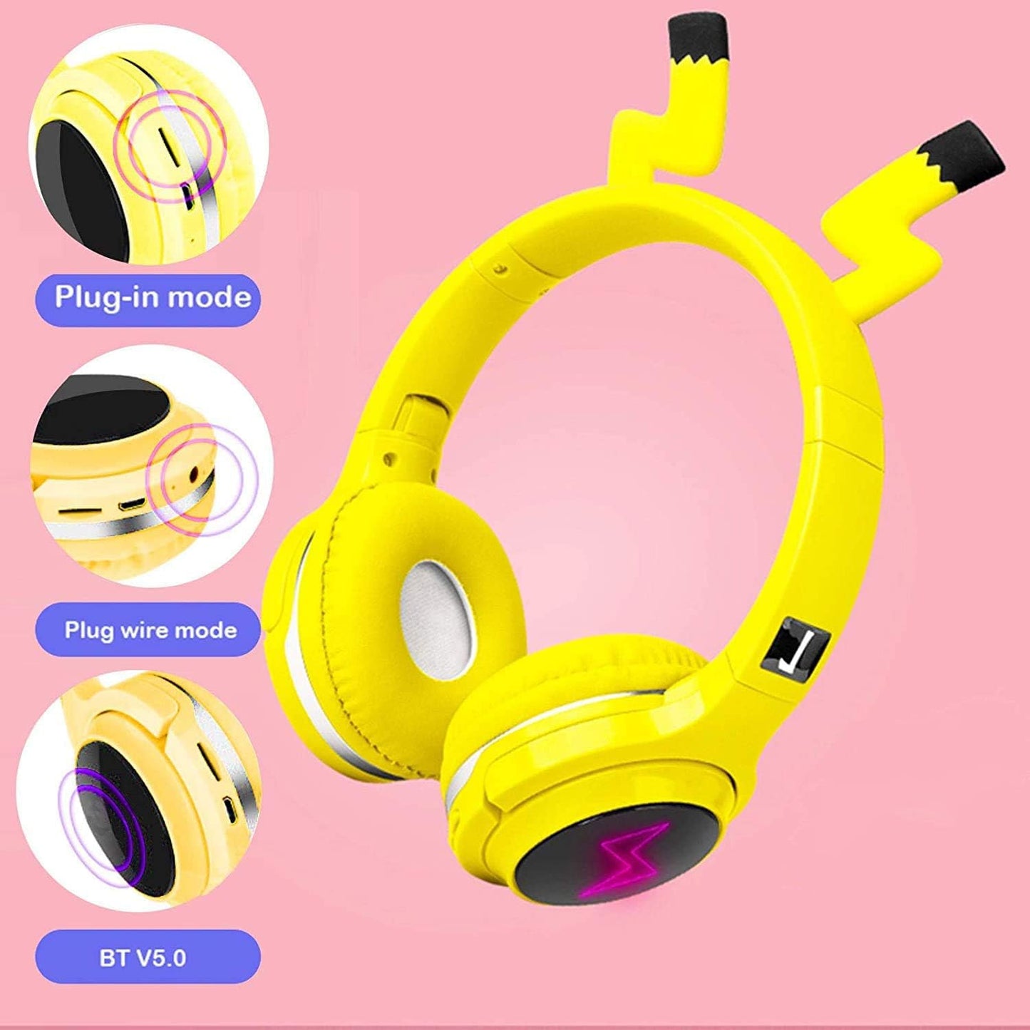 Kids Wireless Bluetooth 5.0 Earphones with 7 Colors LED Light, Earhook Headphones, Foldable Built-in Microphone, Suitable for Boys and Girls Game/Music/Study, Christmas/Birthday/Travel Gift (Yellow)