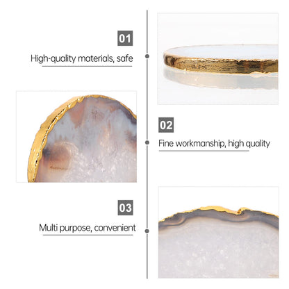Kichvoe Natural Grey Agate Slice Coaster - Golden-Plated Drink Coaster for Home Decor & Table Protection - 3.54 X 3.34 Inches