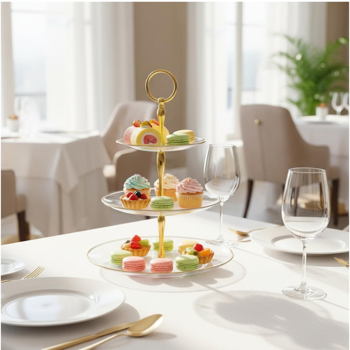 8Pack 3 Tier Cupcake Stand Bulk, Plastic Clear 3 Tiered Dessert Stand with Gold Edges Thick Round Shape Serving Dessert Tray for Tea Party Wedding Birthday Halloween Christmas Party Decorations