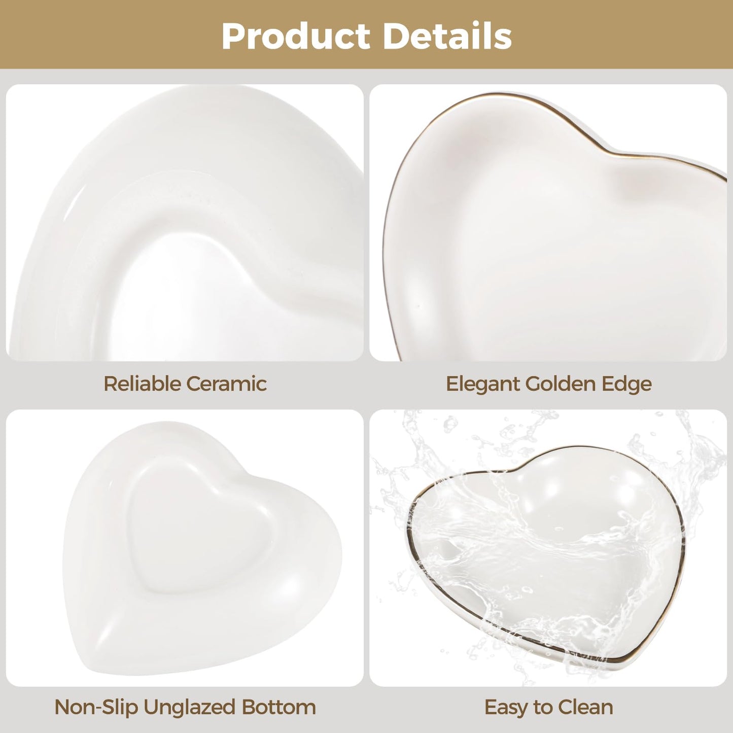 Toyosport 24 PCS Heart Shaped Trinket Dishes, Ceramic Jewelry Trays for Earrings, Necklaces, Bracelets, Engagement Wedding Ring Dish, Elegant Golden Edge