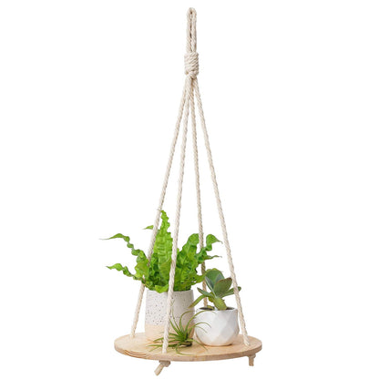 Dahey Hanging Plant Shelf Round Wood Rope Hanging Floating Shelf Boho Home Decor Display Planter Rack for Living Room Bedroom Kitchen Room,Nature