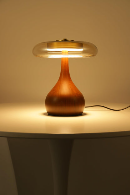WTHTNROM Small Table Lamp for Bedroom-Wooden Base Teardrop Mushroom Table Lamps,Amber Glass Shade,LED Three Color Temperature Adjustable Brightness Modern LED Side Table and Desk Lighting(H 9.7 in)