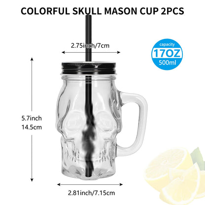 Skull Mason Jars with Handle, 16 Oz Glass Beer Mugs Gothic Wide Mouth Tumbler Cup with Straws and Lids, Novelty Pub Bar Mug Halloween Drinking Glasses for Beverage, Liquor, Mix Cocktail (2, Clear)