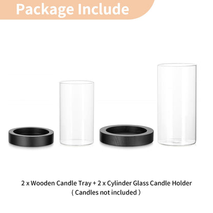 NUPTIO Wooden Candle Holders Pillar: Black Candle Tray with Round Hurricane Glass Vase - Set of 2 Cylinder Floating Candleholder for Home Halloween Thanksgiving Seasonal Decor