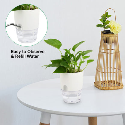 ShineMe Self Watering Pots, 5 Pack Self Watering Planters for Indoor Plants, 4.1 inch Plastic Plant and Flower Pots for African Violets, Herbs, Aloe, Peace Lily with Absorbent Cotton Rope