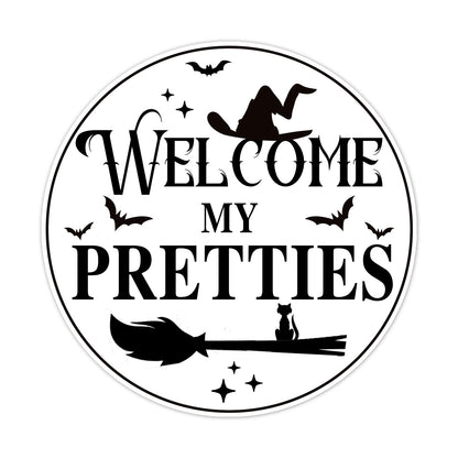 Generic Welcome My Pretties Round Aluminum Sign Halloween Metal Tin Signs Autumn Witch Ghost Pumpkin Wall Decor Sign For Home Kitchen Cafe 8x8 Inch