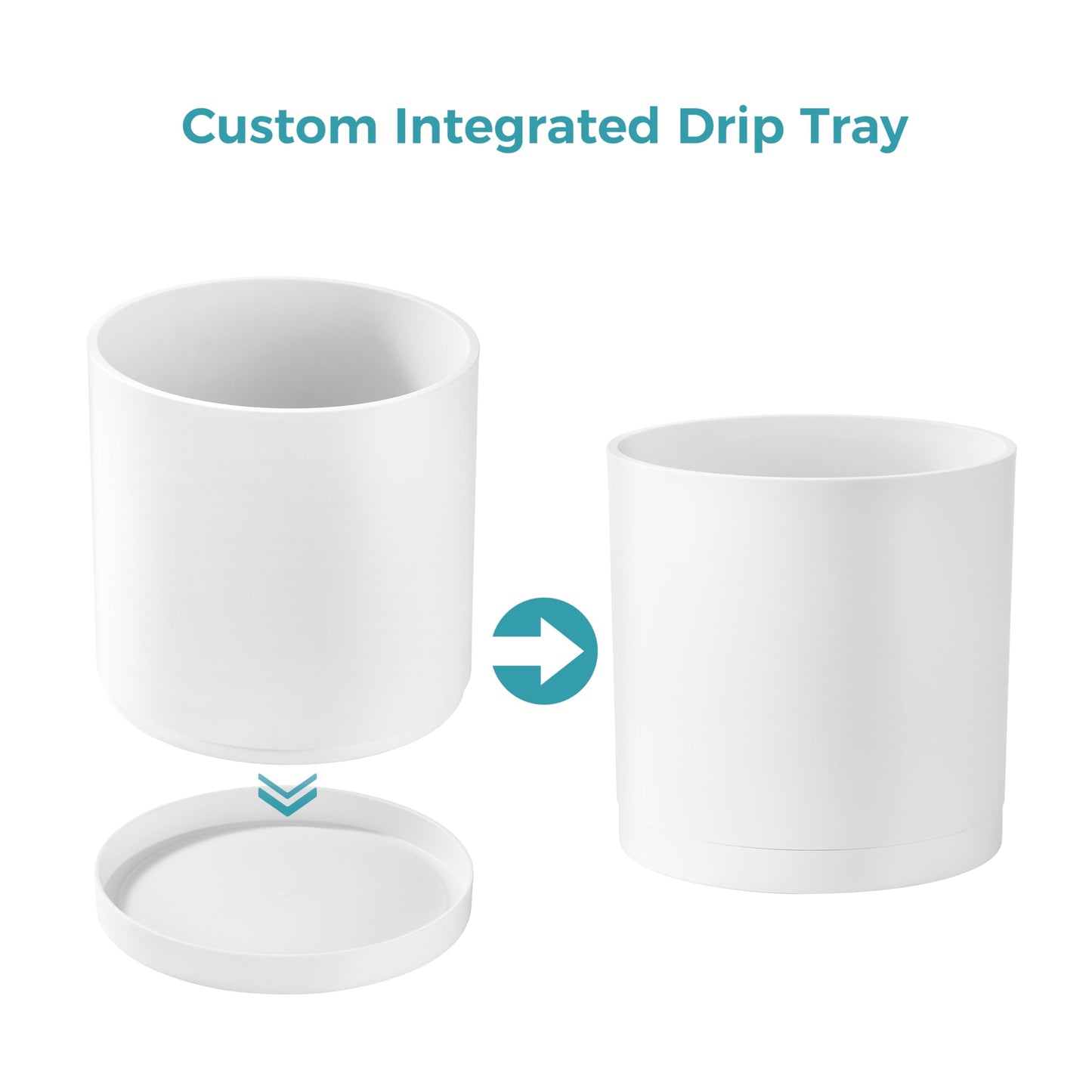 FaithLand 8-Inch Modern Cylinder Planter, Thick-Walled Plastic Plant Pot with Drainage Holes and Detachable Saucer, Matte White, Ideal for Indoor & Outdoor Plants Flowers