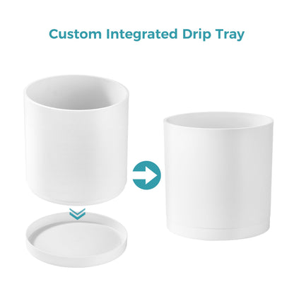 FaithLand 10-Inch Modern Cylinder Planter, Thick-Walled Plastic Plant Pot with Drainage Holes and Detachable Saucer, Matte White, Ideal for Indoor & Outdoor Plants Flowers