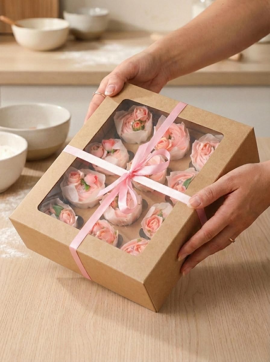Bakepacker 12 Cupcake Containers 20-Packs Brown 12 Count Cupcake Boxes with Window Cupcakes Carrier, 13"x10"x3.5"（Auto-pop up）