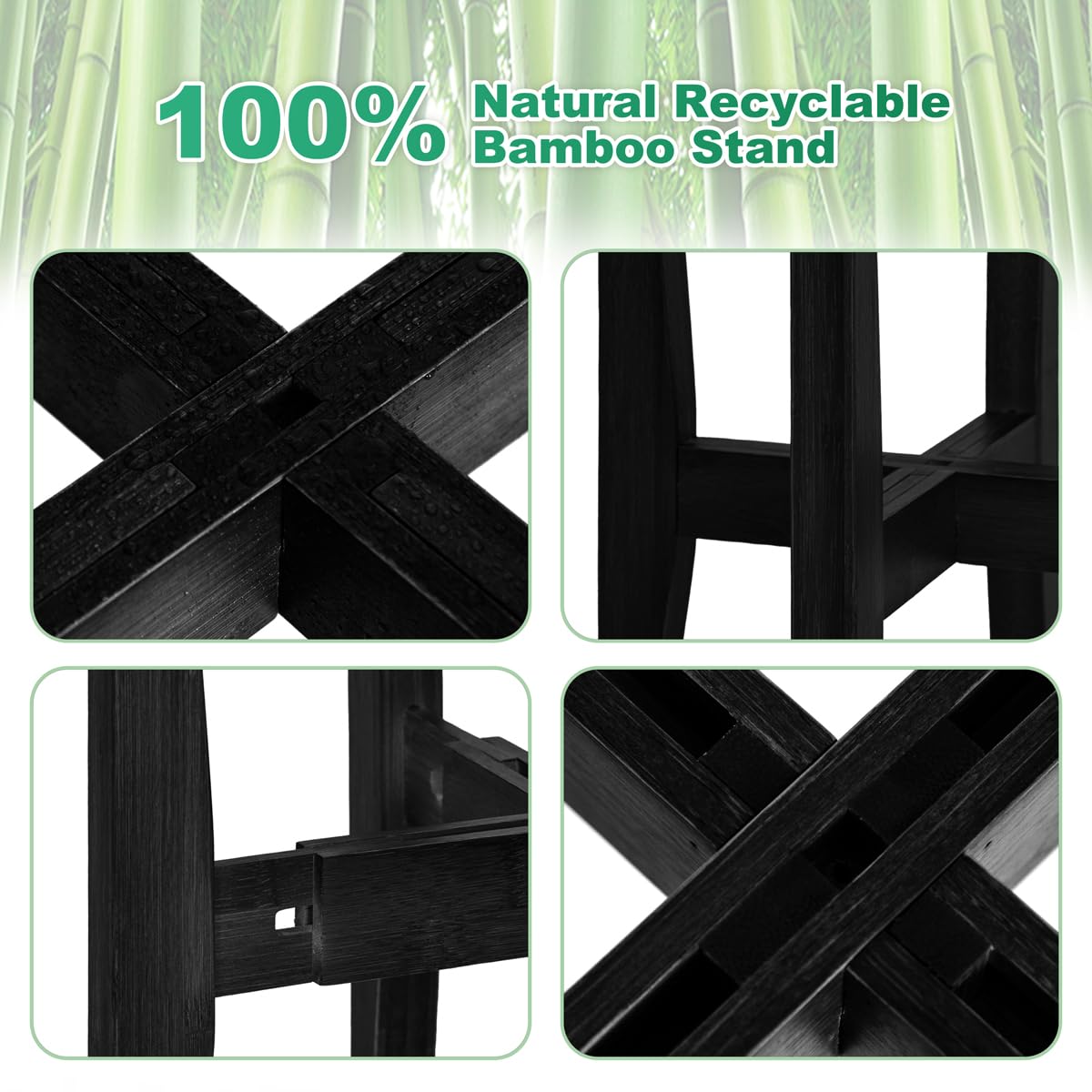 Rnined Plant Stand Indoor, Bamboo Plant Shelf, Adjustable Corner Plants Flower Holders Single Floor Plant Stand, Fits 8 to 12 Inches Pots,(Pot & Plant Not Included)(Black)