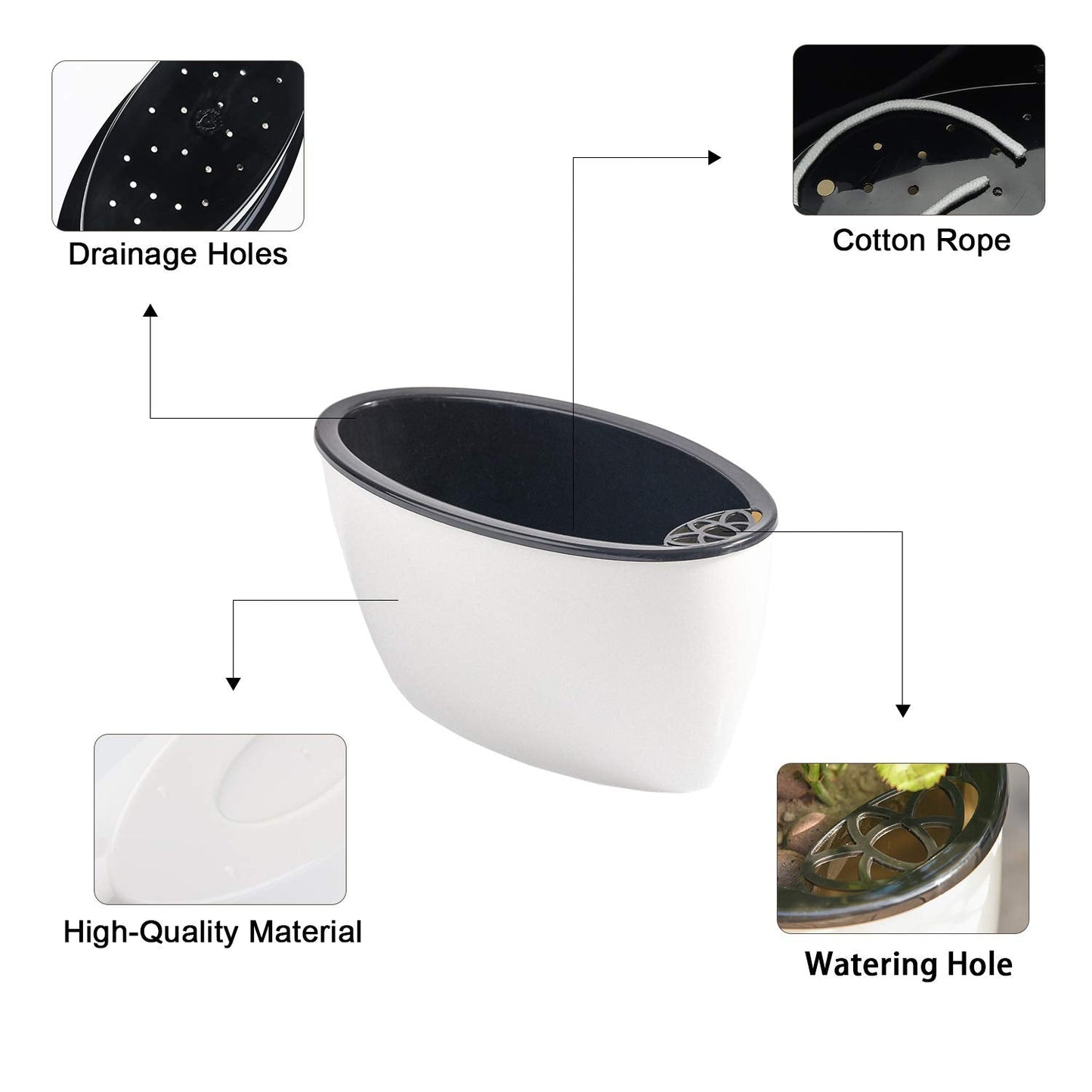 Sungmor Set of 3 Self-Watering Planter Pots - Modern White Plastic Flower Pots for Indoor Plants - Oval Indoor/Outdoor Planters with Water Reservoir, Home & Office Decor