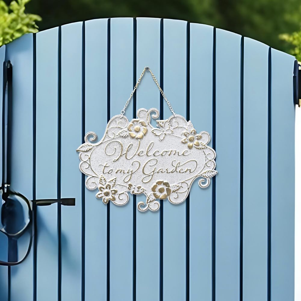 All Chic Welcome to My Garden Sign Hanging Yard Sign for Garden Decor Rustic Farmhouse Backyard Outdoor Wall Decor(White)