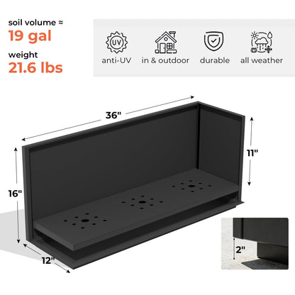 Worth Metal Rectangular Planter Box, 36"x12"x16" Matte Black Planter with Insert Shelf & Drainage Holes, Low Profile Plant Box for Patio, Garden, Deck, Easy to Install