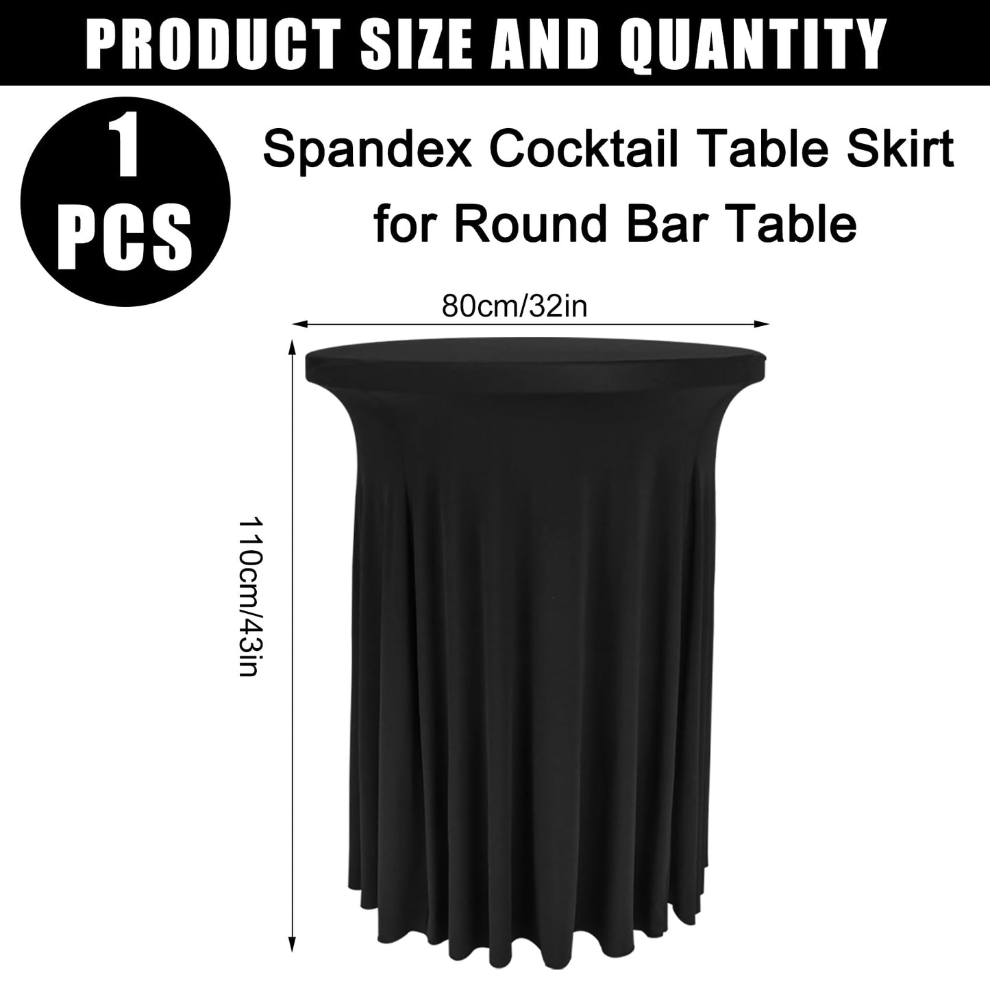 Spandex Cocktail Table Skirt 32"x 43" Black Stretch Cocktail Table Cover, Washable Round High Top Tablecloth for Bar, Wedding, Party, Events (Black)