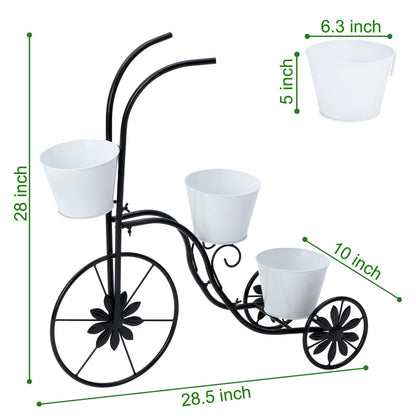 BAYN Bicycle Planter Stand, Metal Flower Pot Cart Holder Tricycle Planter with 3 Plant Bucket Outdoor Decorative for Patio, Deck, Garden or Lawn